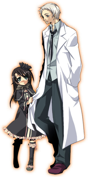 akiduki (edss), akizuki (edss), katou hisataka, kizaki emi, kurogane no linebarrel, 00s, 1boy, 1girl, black hair, blue eyes, bow, brother and sister, frills, goth fashion, gothic lolita, hat, lab coat, lolita fashion, long hair, necktie, shirt, siblings, white hair