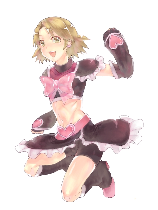 im (inuboe), im (pixiv504800), cure black, yamashita satoru, futari wa precure, kurogane no linebarrel, precure, bad id, bad pixiv id, 1boy, androgynous, bike shorts, bike shorts under skirt, bishounen, black boots, blonde hair, boots, bow, cosplay, cure black (cosplay), earrings, heart, jewelry, look-alike, magical girl, male focus, midriff, pink bow, shorts, shorts under skirt, solo, trap, white background, yellow eyes