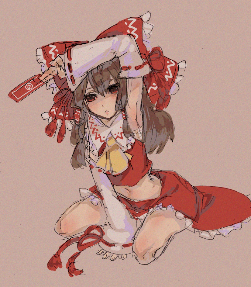 im (inuboe), im (pixiv504800), hakurei reimu, imperishable night, touhou, bad id, bad pixiv id, 1girl, armpits, bow, brown hair, detached sleeves, female focus, frills, full body, hair bow, japanese clothes, legs, long hair, midriff, miko, navel, ofuda, red eyes, ribbon, sarashi, simple background, solo