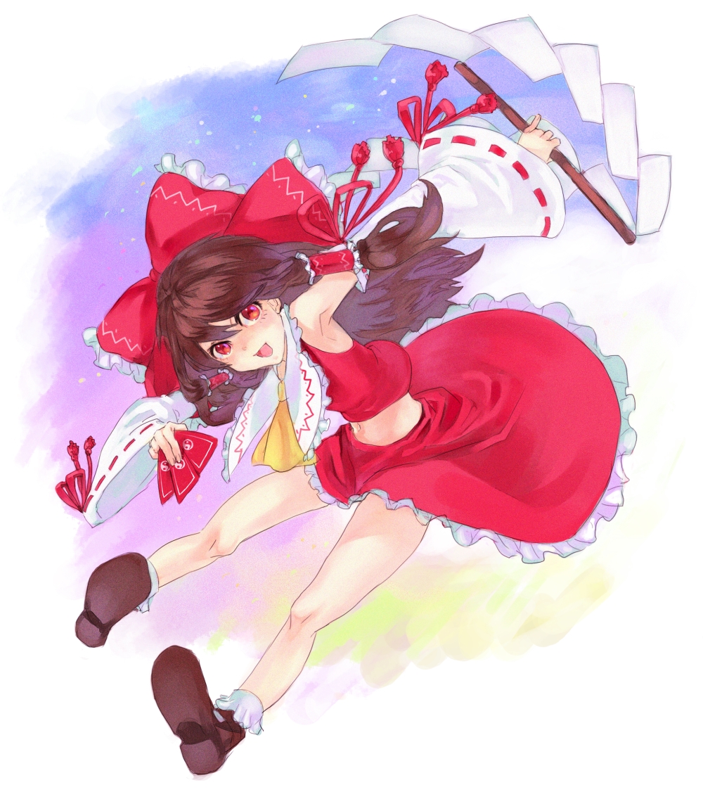 im (inuboe), im (pixiv504800), hakurei reimu, imperishable night, touhou, bad id, bad pixiv id, 1girl, armpits, bow, brown hair, detached sleeves, female focus, frills, full body, gohei, hair bow, japanese clothes, legs, long hair, midriff, miko, navel, no bra, ofuda, ribbon, skirt, solo