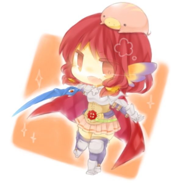 yasiro, lord knight (ragnarok online), savage babe, ragnarok online, commentary request, 1girl, animal, animal on head, armor, armored boots, belt, black belt, black thighhighs, boots, breastplate, chibi, chibi only, cross, cross of prontera, full body, head wings, holding, holding sword, holding weapon, looking at viewer, medium hair, miniskirt, on head, open mouth, orange eyes, orange wings, pauldrons, piglet, pink skirt, red hair, shoulder armor, skirt, solo, spiked gauntlets, sword, thighhighs, weapon, white background, wings