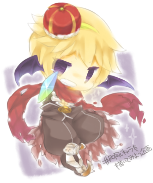 yasiro, assassin cross (ragnarok online), ragnarok online, commentary request, translation request, 1boy, black pants, black shirt, blonde hair, chibi, chibi only, crown, demon wings, full body, grin, looking at viewer, male focus, pants, purple eyes, purple wings, red crown, red scarf, scarf, shirt, short hair, smile, solo, torn clothes, torn scarf, white background, wings