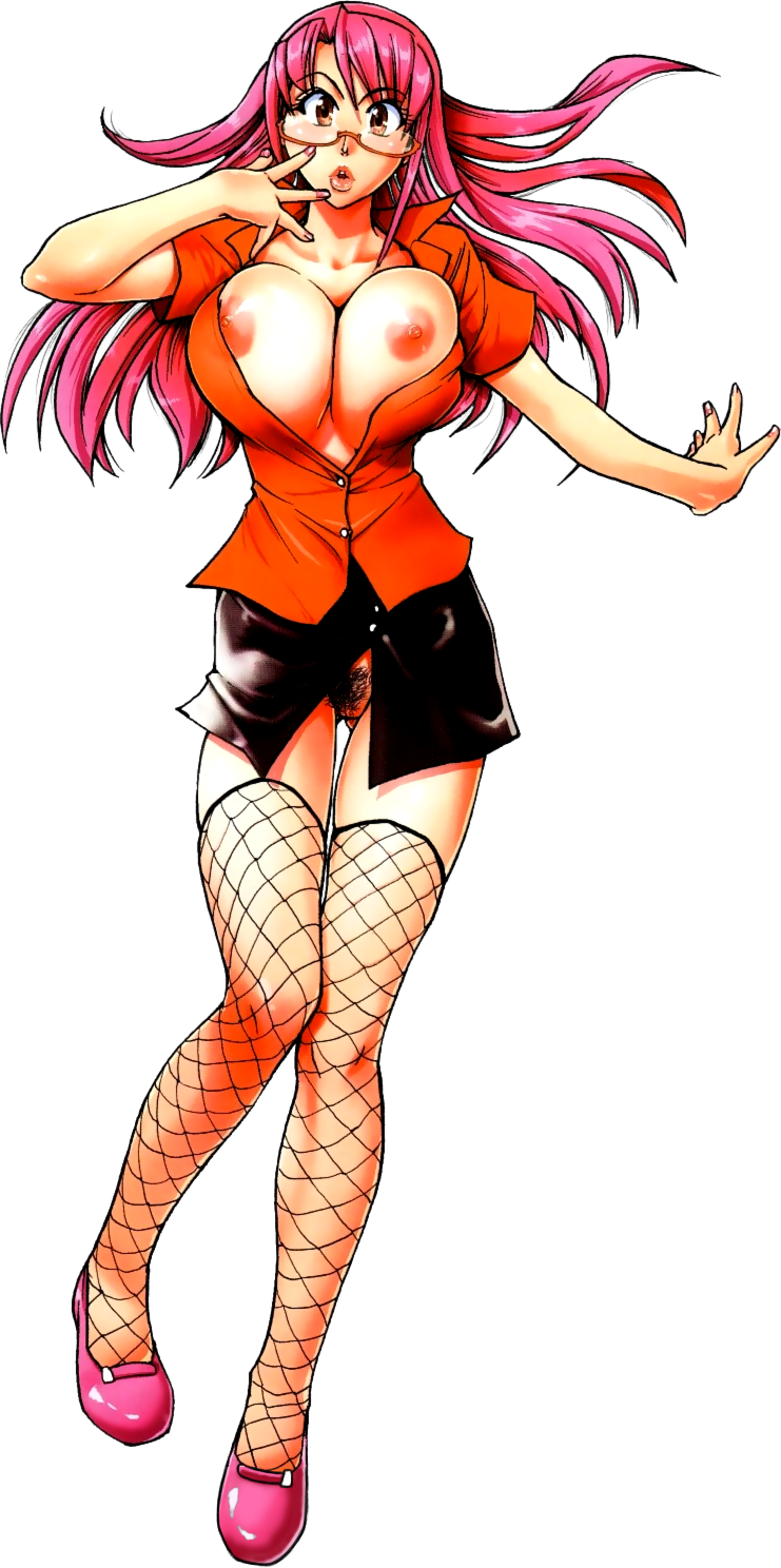 shiwasu no okina, nosewasure, eyebrows, highres, 1girl, bare arms, black skirt, black thighhighs, blush, breasts, breasts out, brown eyes, buttons, collarbone, dress shirt, eyelashes, female focus, female pubic hair, fingernails, fishnet thighhighs, fishnets, floating hair, full body, glasses, groin, hands on own face, large breasts, lips, long hair, nipples, no bra, no panties, open clothes, open shirt, parted lips, pencil skirt, pink hair, pink shoes, pubic hair, pussy, red-framed eyewear, red shirt, shirt, shoes, short sleeves, skirt, solo, spread fingers, standing, thighhighs, transparent background, uncensored