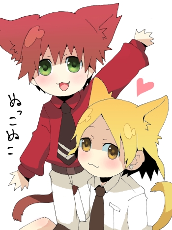 im (inuboe), im (pixiv504800), hayase kouichi, yamashita satoru, kurogane no linebarrel, bad id, bad pixiv id, lowres, 00s, 2boys, animal ears, chibi, child, earrings, jewelry, male focus, multiple boys, tail, trap