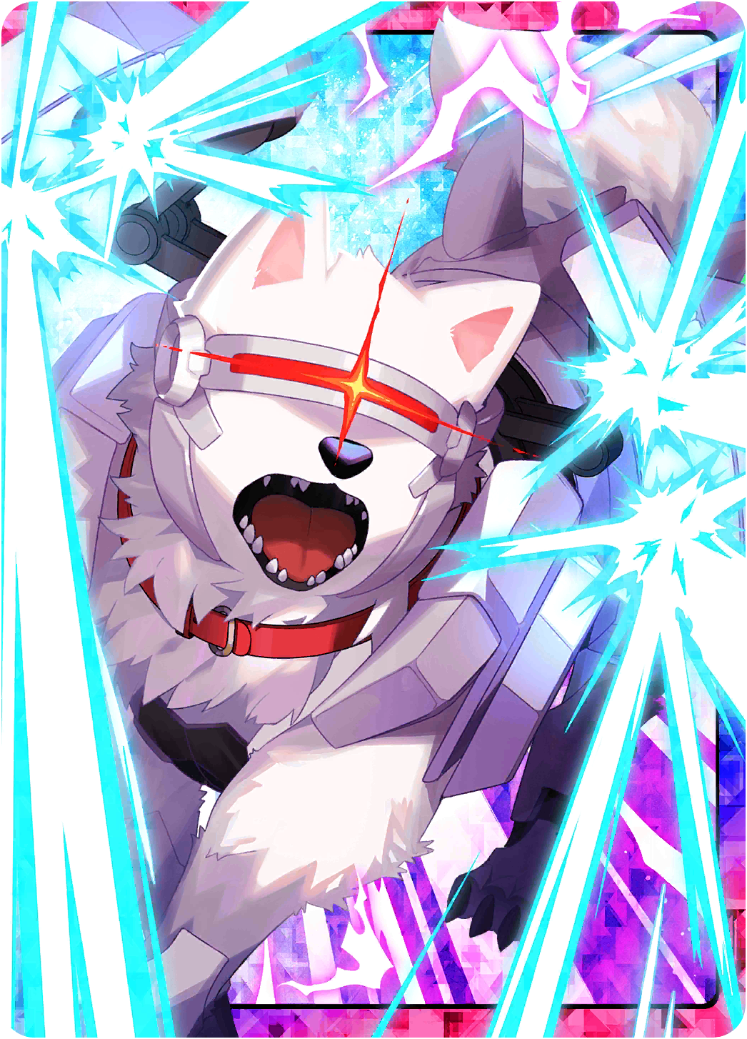 tiger (monster farm), monster farm, monster farm online, highres, official art, animal collar, collar, cyborg, mecha father (monster farm), white fur