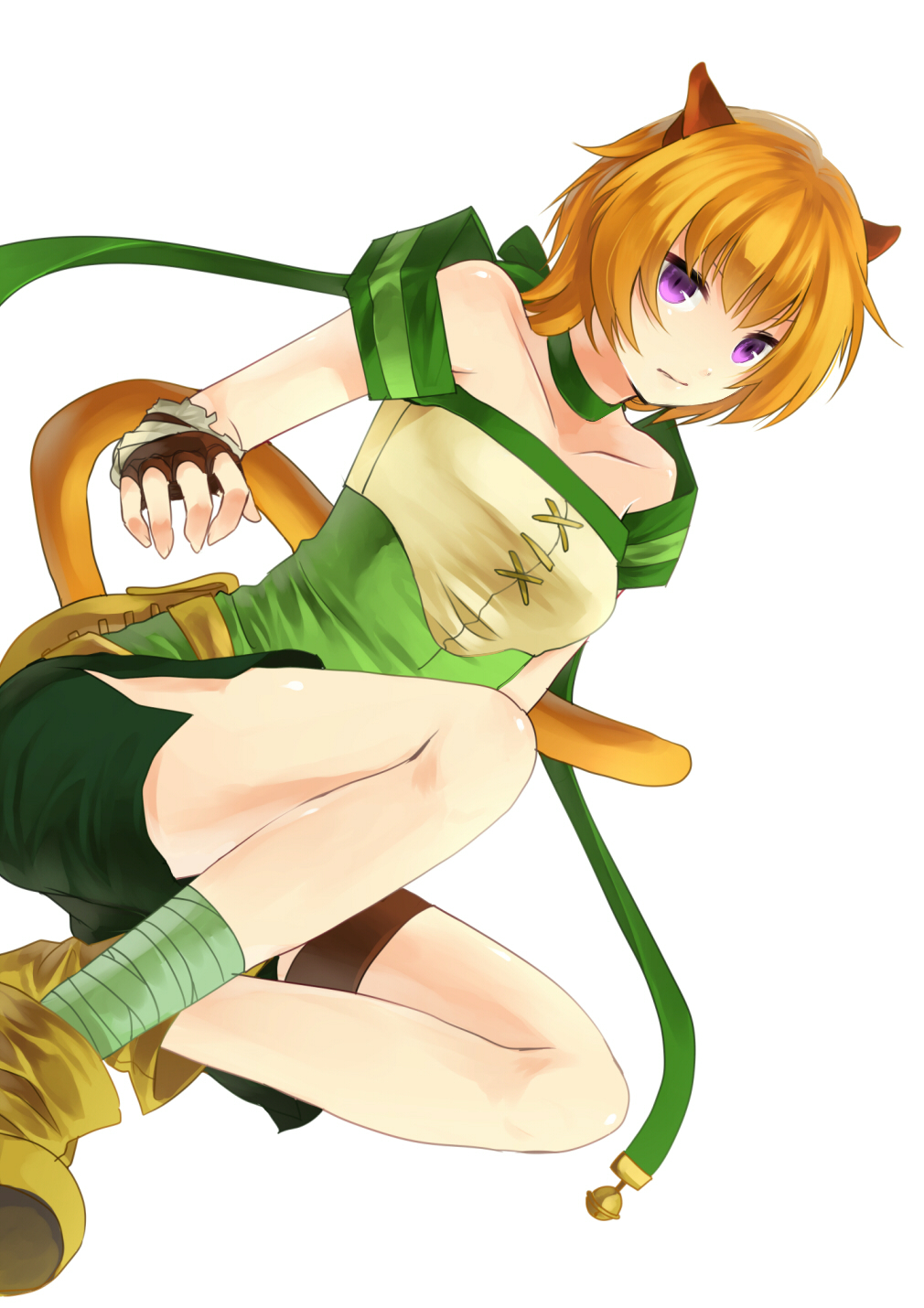 hijiri (resetter), hiz (pixiv), lethe (fire emblem), fire emblem, fire emblem: path of radiance, fire emblem: radiant dawn, nintendo, bad id, bad pixiv id, highres, 1girl, animal ears, bell, blonde hair, cat ears, cat tail, female focus, fingerless gloves, gloves, laguz (race), purple eyes, shorts, side slit, side slit shorts, solo, tail