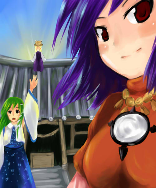 tetsuji, kochiya sanae, moriya suwako, yasaka kanako, touhou, 3girls, blonde hair, breasts, female focus, green hair, hat, mirror, multiple girls, outdoors, purple hair, red eyes, skirt, sky, upper body