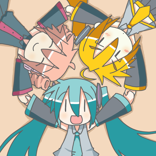 minami (colorful palette), akita neru, chibi miku, hatsune miku, kasane teto, kasane teto (utau), triple baka (vocaloid), utau, vocaloid, 3girls, aqua hair, blush, chibi, circle formation, crossover, drill hair, holding hands, multiple girls, smile, twin drills, twintails, | |