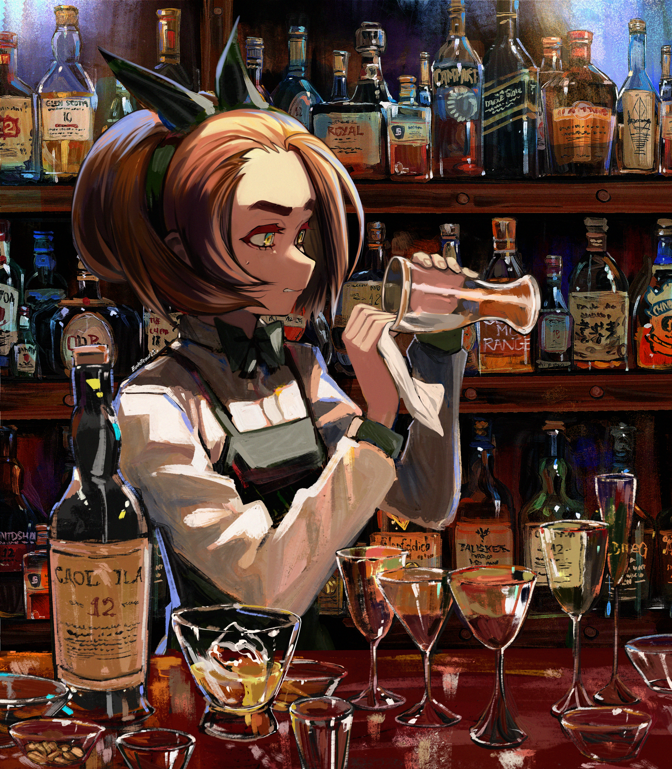 eudetenis, original, absurdres, clip studio paint (medium), commentary request, highres, 1girl, alcohol, apron, bar (place), black apron, black bow, black bowtie, black hair, black hairband, bottle, bow, bow hairband, bowtie, cleaning, cup, forehead, from side, glass, grimace, hairband, hands up, holding, holding cup, indoors, long sleeves, multicolored eyes, shelf, shirt, short hair, slice of life, solo, standing, sweat, thick eyebrows, white shirt