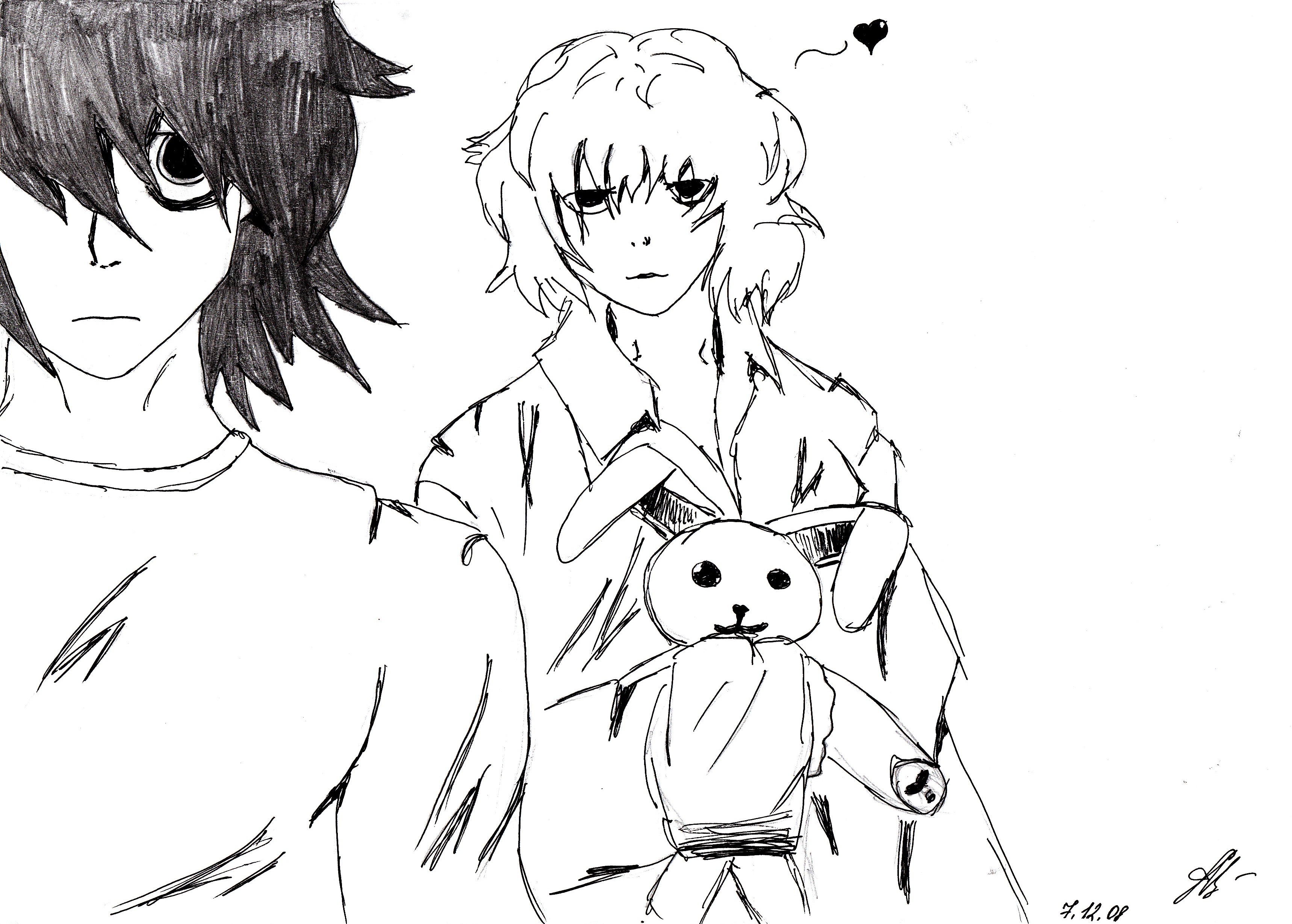 lawliet, l (death note), near (death note), death note, absurdres, highres, self-upload, 00s, 2boys, greyscale, male focus, monochrome, multiple boys, nate river, rabbit, sketch