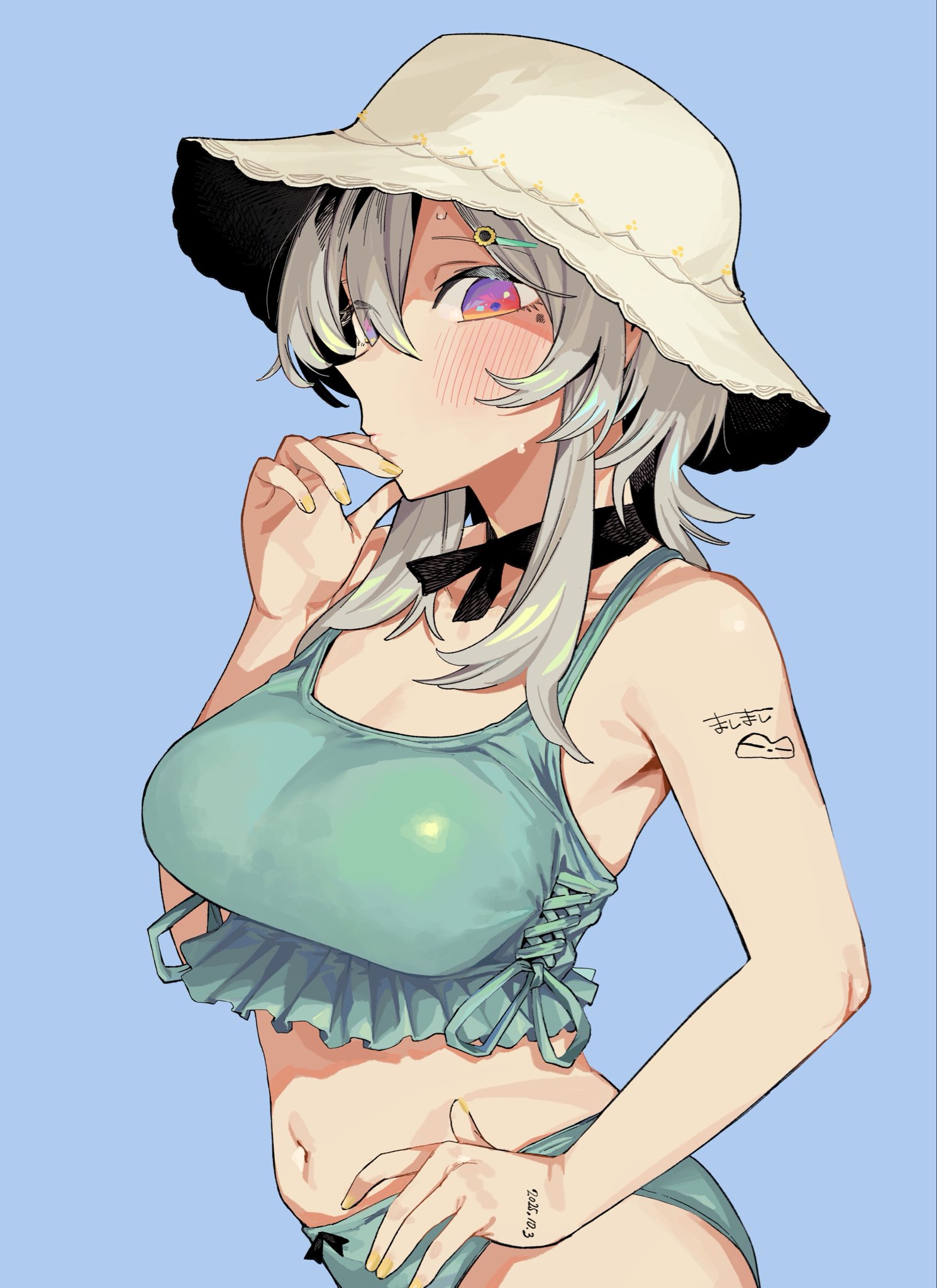 mashimashi, urabe haruna (mashimashi), highres, 1girl, aqua bikini, bikini, blue background, breasts, dated, flower, gradient eyes, grey hair, hair flower, hair ornament, hairclip, hat, honjitsu no urabe-san to, large breasts, looking at viewer, mole, mole under eye, multicolored eyes, navel, purple eyes, red eyes, short hair, simple background, solo, sunflower, sunflower hair ornament, swimsuit, upper body, white hat, yellow nails