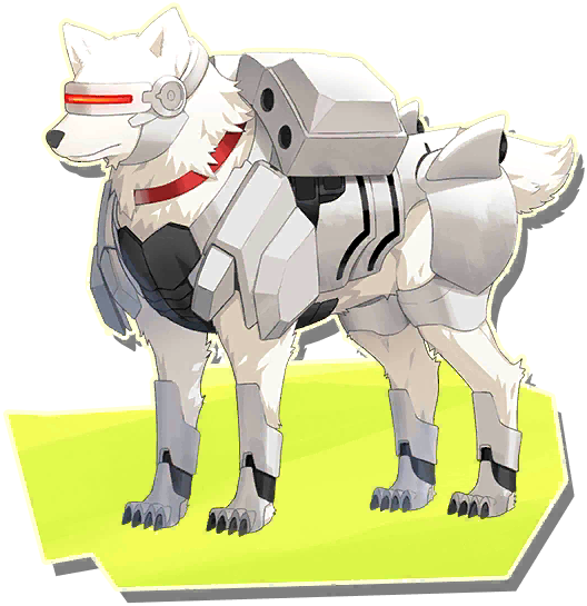 tiger (monster farm), monster farm, monster farm online, official art, armor, cyborg, dog, mecha father (monster farm), mechanical legs, visor (armor), white fur