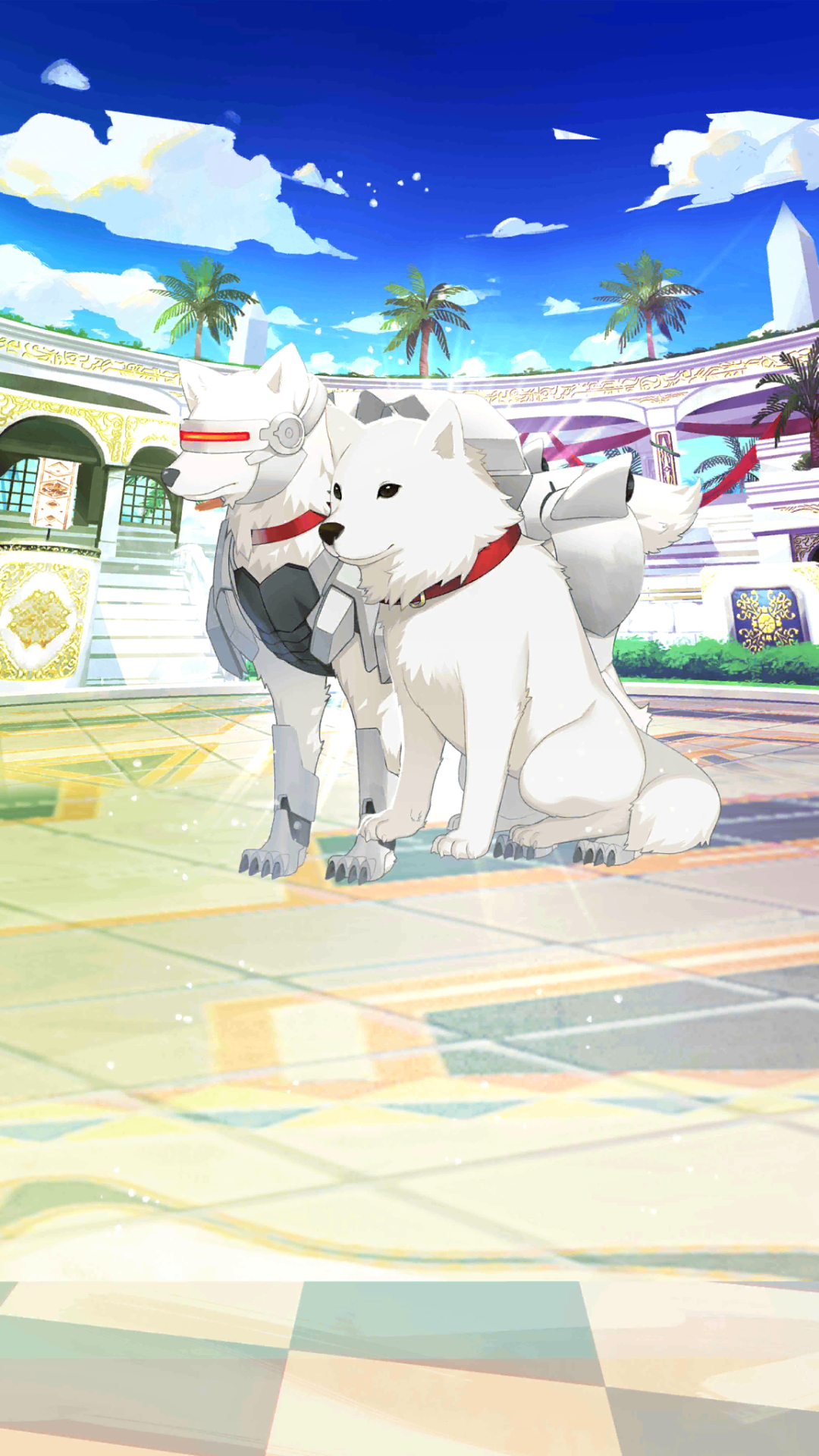 tiger (monster farm), monster farm, monster farm online, highres, official art, cyborg, dog, mecha father (monster farm), mechanical legs, visor (armor), white fur