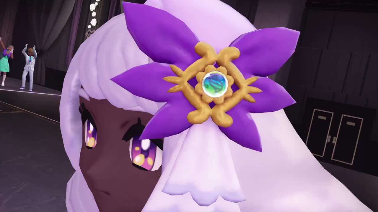 clefable, jacinthe (pokemon), nintendo, pokemon, pokemon legends: z-a, animated, tagme, video, 2girls, ascot, aura, dark-skinned female, dark skin, dress, fascinator, frilled ascot, frills, gen 1 pokemon, gloves, hands up, indoors, juliet sleeves, kiddo salty, long hair, long sleeves, looking at viewer, low drills, mega stone, multiple girls, one eye closed, open mouth, outline, puffy sleeves, purple dress, purple eyes, purple gloves, purple hair, ryona, smile, sparkle, standing, very dark skin, wide hips, wink