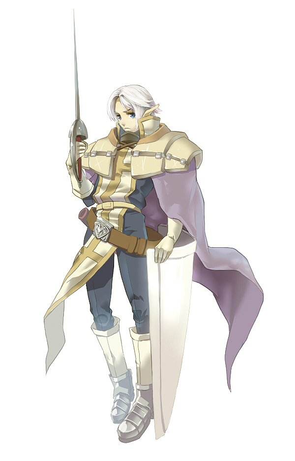 crusader (ragnarok online), ragnarok online, commentary request, 1boy, armor, armored boots, belt, black shirt, blue eyes, boots, brown belt, cape, closed mouth, cross, cross print, expressionless, foil (fencing), full body, gloves, holding, holding shield, holding sword, holding weapon, looking at viewer, male focus, marushino, pauldrons, pointy ears, purple cape, shield, shirt, short hair, shoulder armor, simple background, solo, sword, tabard, weapon, white background, white gloves, white hair, white tabard
