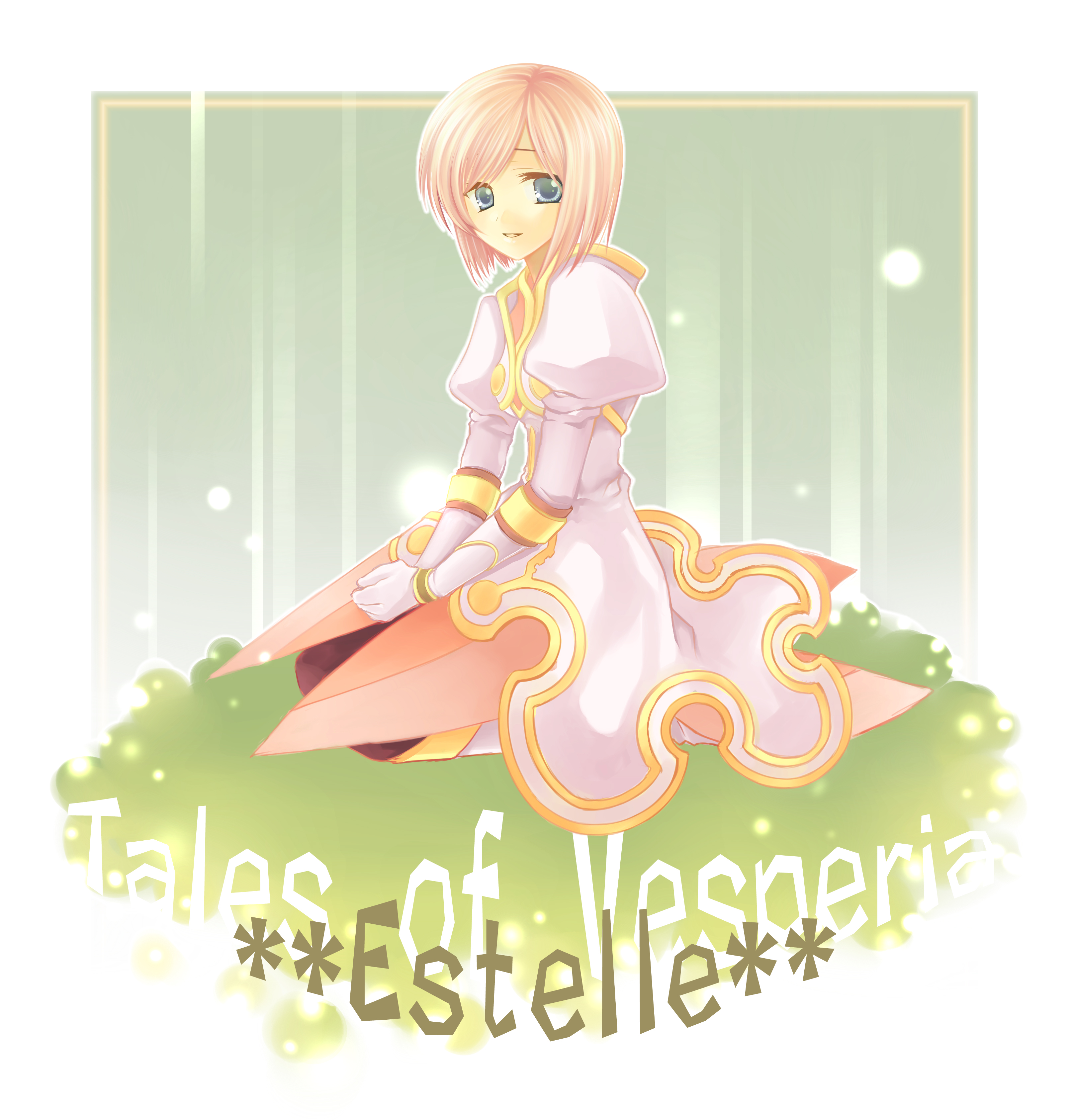 ayamisiro, estellise sidos heurassein, tales of (series), tales of vesperia, absurdres, highres, 00s, 1girl, blue eyes, character name, copyright name, female focus, gloves, pink hair, short hair, solo