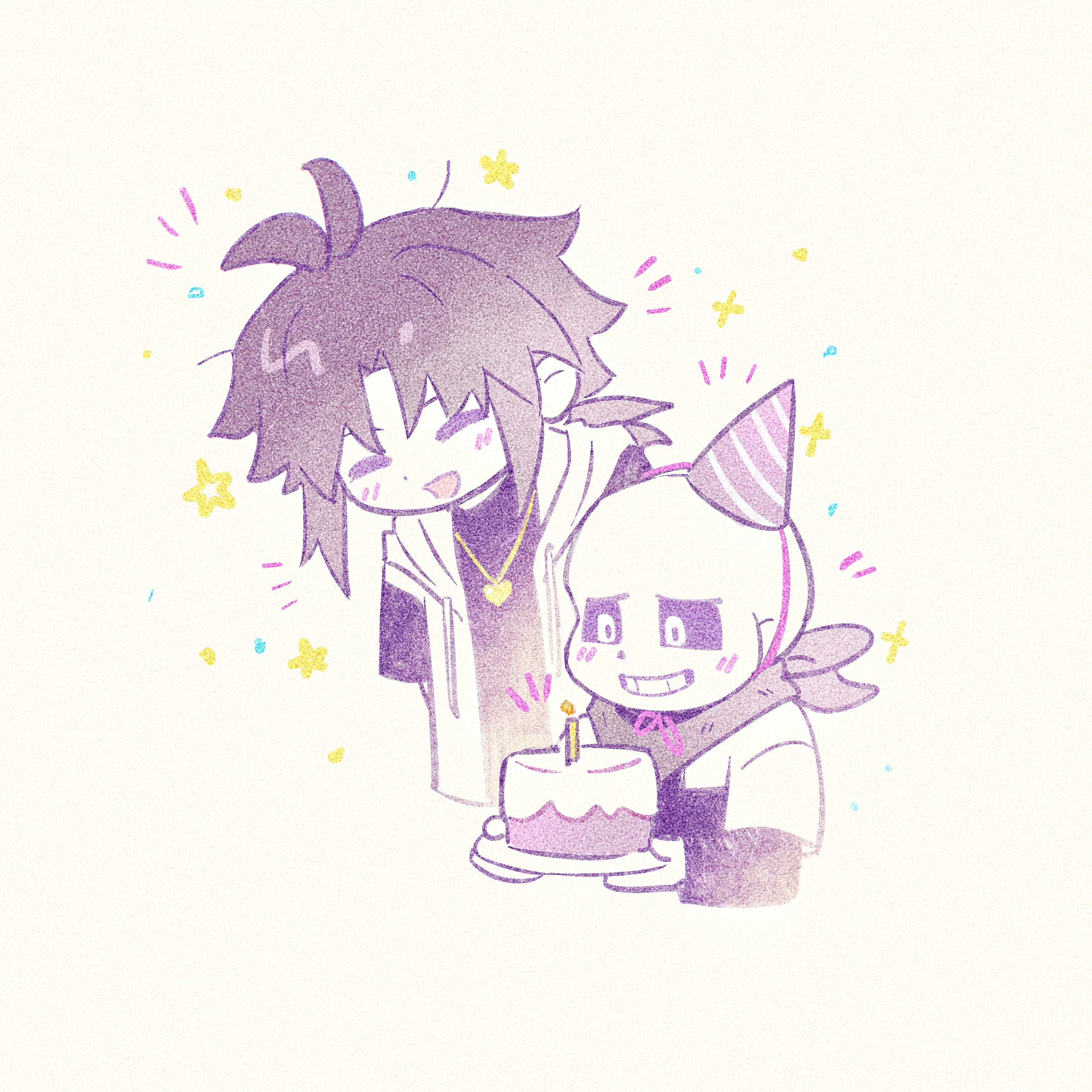 hanbaobaobaozhu, frisk (undertale), sans (undertale), undertale, utdr (toby fox), xtale, absurdres, chinese commentary, commentary request, highres, 2boys, :d, ^ ^, alternate universe, antenna hair, arms behind back, bandana, bandana around neck, black sclera, black shirt, cake, candle, closed eyes, colored sclera, colored skin, cropped torso, dot nose, facing another, film grain, food, gold necklace, grey bandana, grey hair, grey hat, grin, hair tie, hat, heart, heart necklace, holding, holding plate, jacket, jewelry, layered sleeves, long sleeves, looking at food, low ponytail, male focus, medium hair, multiple boys, necklace, open clothes, open jacket, open mouth, party hat, plate, ponytail, raglan sleeves, shirt, short over long sleeves, short sleeves, simple background, smile, star (symbol), striped hat, white eyes, white jacket, white skin, yellow background