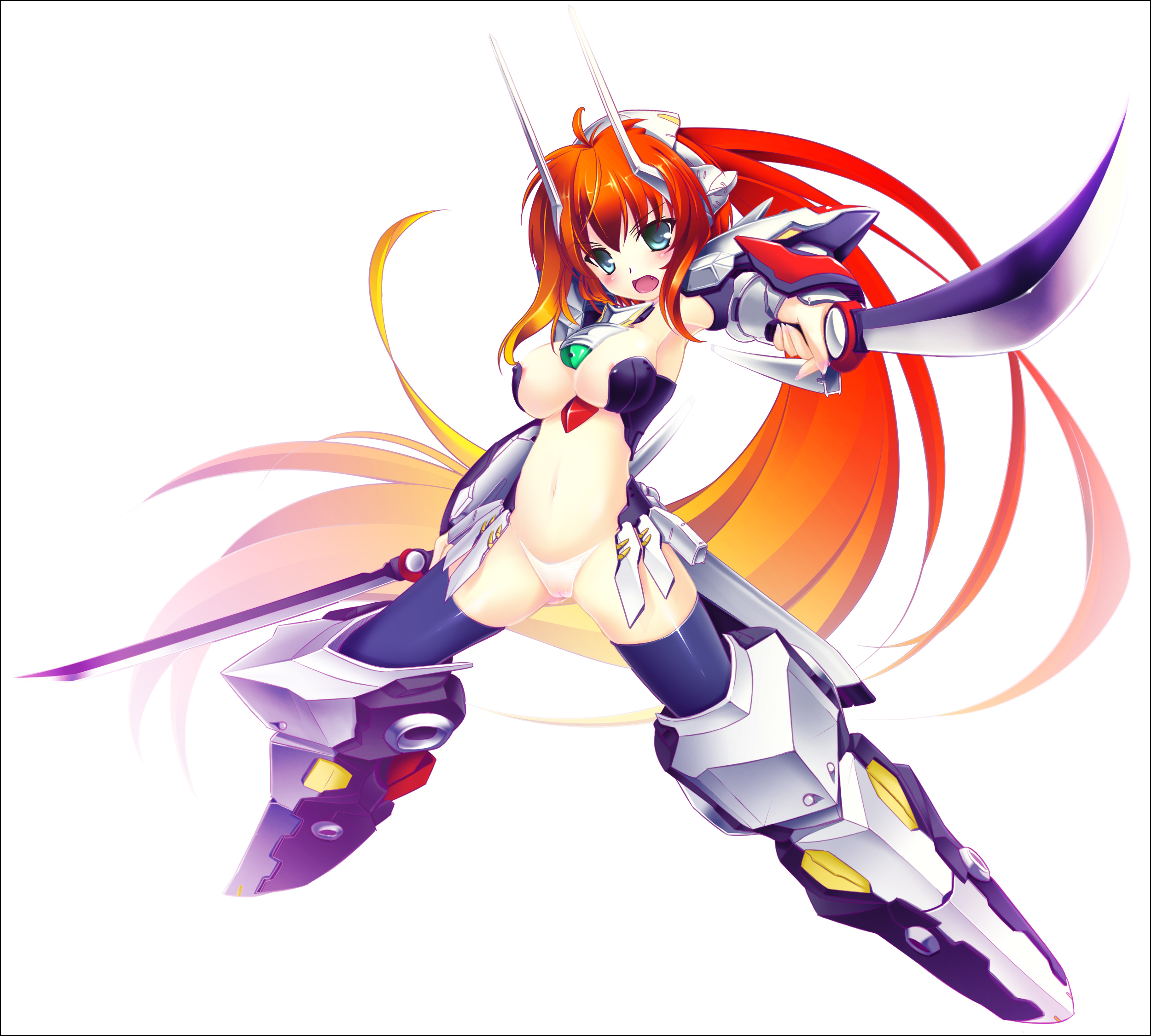 hinasaki you, linebarrel, kurogane no linebarrel, highres, 00s, 1girl, blush, breasts, brown hair, cameltoe, cleavage, female focus, gradient hair, large breasts, long hair, mecha, mecha musume, midriff, multicolored hair, navel, panties, revealing clothes, robot, solo, sword, underwear, weapon