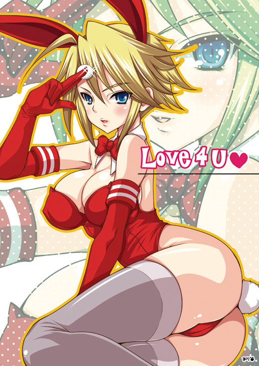 koari, skylove, 1girl, ahoge, alternate costume, alternate hair color, animal ears, arm support, ass, blonde hair, blue eyes, bow, bowtie, breasts, cleavage, coin, detached collar, elbow gloves, english text, fake animal ears, female focus, from side, glint, gloves, grey thighhighs, hair between eyes, heart, holding, holding coin, large breasts, legs together, lips, outline, playboy bunny, rabbit ears, rabbit tail, red gloves, short hair with long locks, solo, tail, thighhighs, thighs, zoom layer