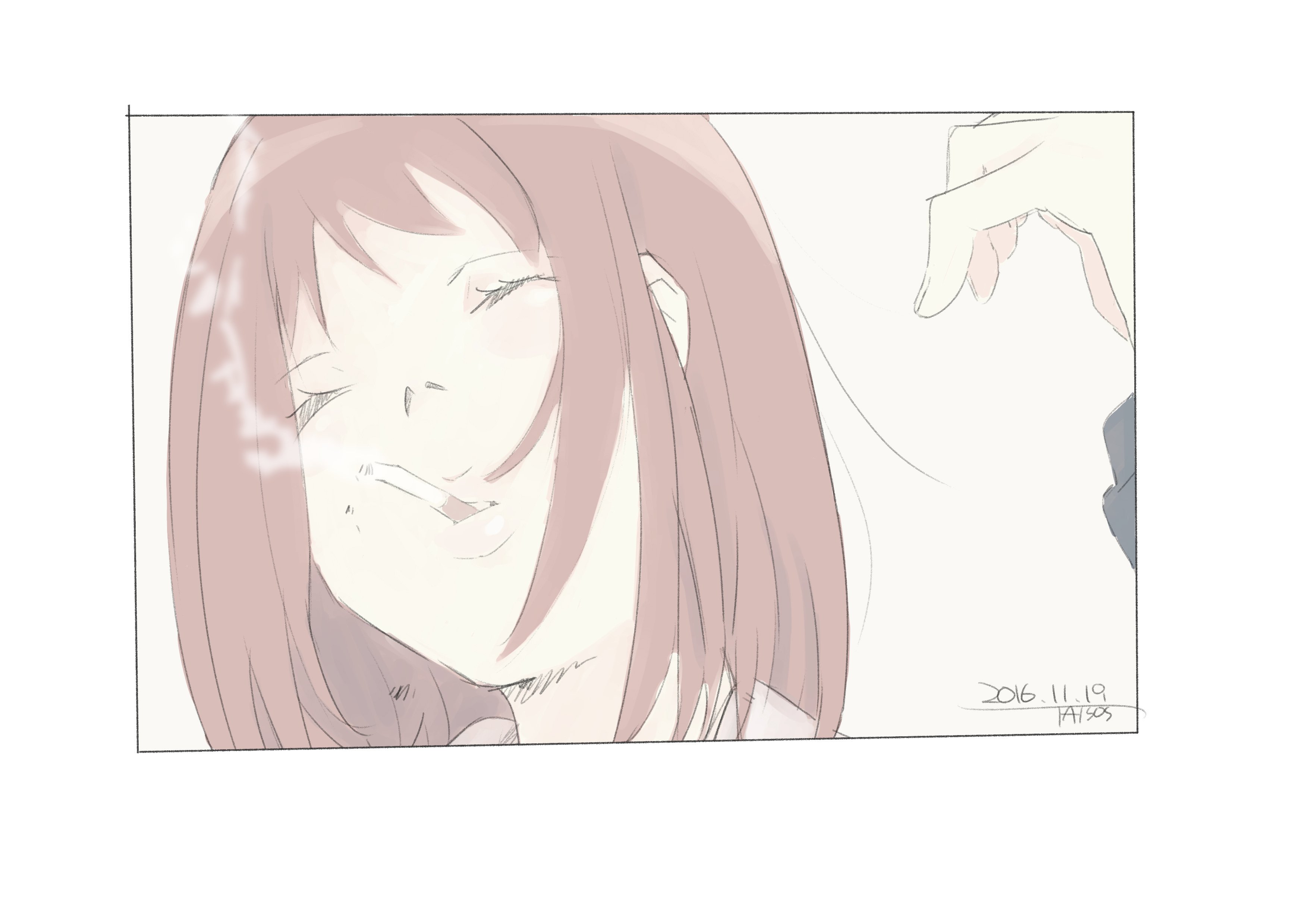 taisos, samejima mamimi, flcl, absurdres, highres, 1girl, cigarette, dated, medium hair, red hair, smoking, solo, white background