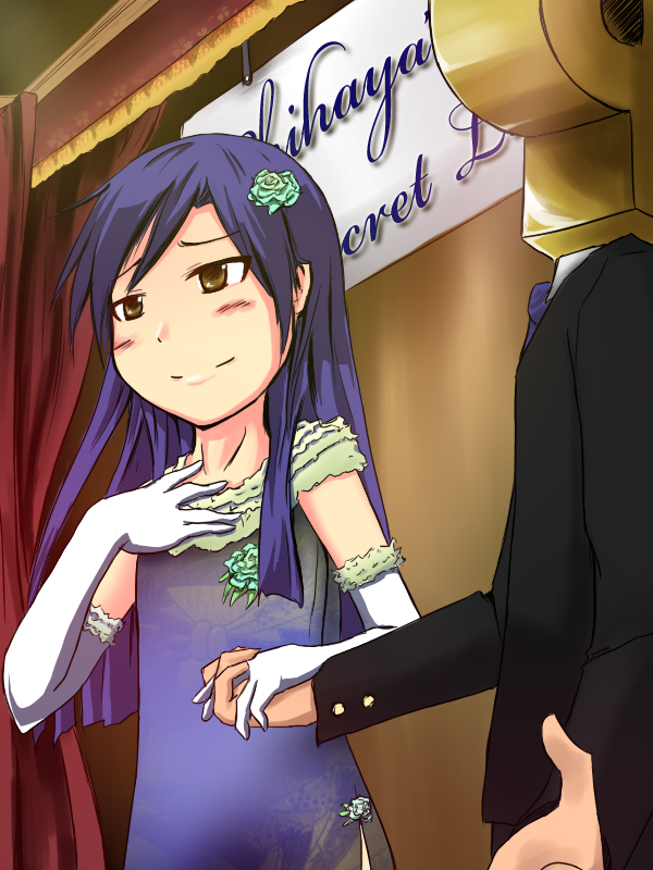 tetsuji, kisaragi chihaya, p-head producer, producer (idolmaster), idolmaster, idolmaster (classic), idolmaster 1, 00s, 1boy, 1girl, blue hair, brown eyes, elbow gloves, flower, gloves, long hair