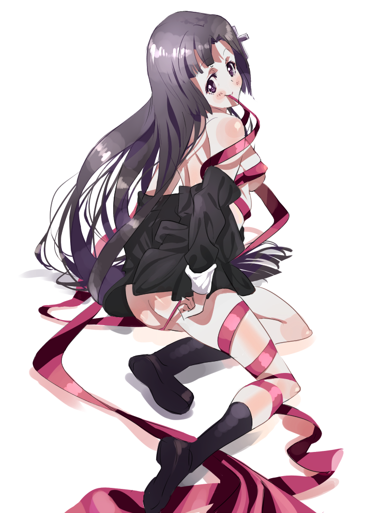 p.k., zange, kannagi, bad id, bad pixiv id, 00s, 1girl, blush, breasts, female focus, medium breasts, no panties, nun, purple eyes, purple hair, ribbon, solo