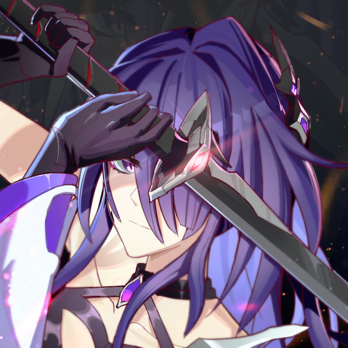 acheron (honkai: star rail), honkai: star rail, honkai (series), 1girl, black choker, black gloves, choker, gloves, hair ornament, halterneck, holding, holding sword, holding weapon, jinlancao, katana, long hair, looking at viewer, purple eyes, purple hair, solo, sword, weapon