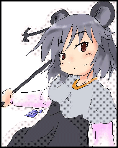 tetsuji, nazrin, touhou, lowres, 1girl, animal ears, dowsing rod, female focus, grey hair, jewelry, mouse ears, oekaki, pendant, short hair, solo, white background