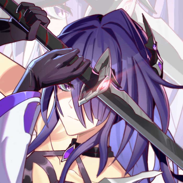acheron (honkai: star rail), honkai: star rail, honkai (series), 1girl, black choker, black gloves, choker, gloves, hair ornament, halterneck, holding, holding sword, holding weapon, jinlancao, katana, long hair, looking at viewer, purple eyes, purple hair, sword, weapon, zoom layer