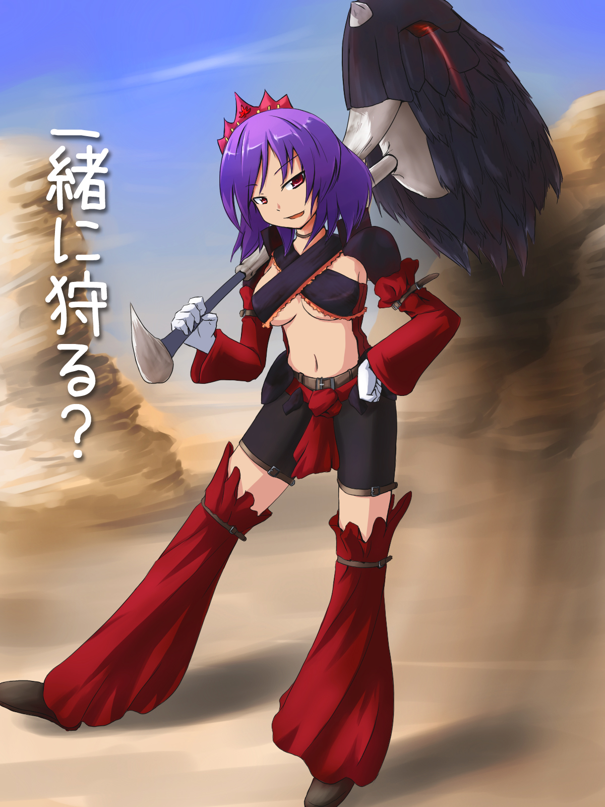 tetsuji, yasaka kanako, capcom, monster hunter (series), touhou, highres, 1girl, breasts, cloud, female focus, navel, outdoors, parody, purple hair, red eyes, short hair, sky, solo, standing