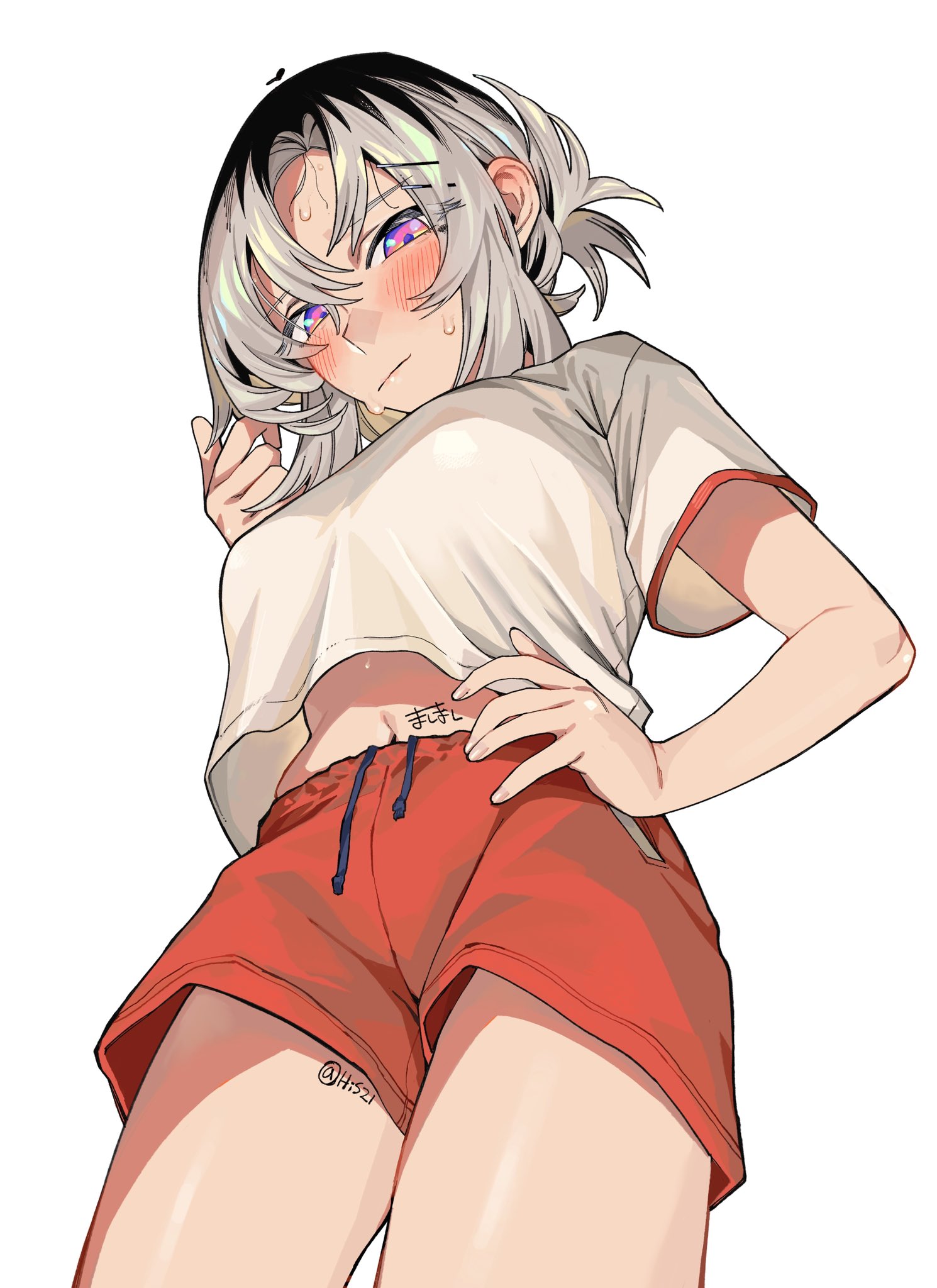mashimashi, urabe haruna (mashimashi), commentary request, highres, 1girl, blush, breasts, closed mouth, cowboy shot, from behind, grey hair, gym shirt, gym shorts, hand on own hip, honjitsu no urabe-san to, large breasts, looking down, midriff peek, navel, pink eyes, red shorts, shirt, short hair, shorts, simple background, solo, sweat, white background, white shirt