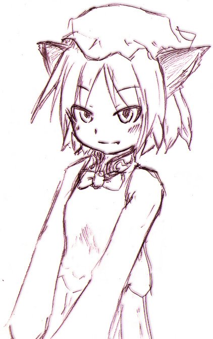 tetsuji, chen, touhou, 1girl, animal ears, cat ears, cat girl, fang, female focus, hat, monochrome, purple theme, short hair, sketch, solo