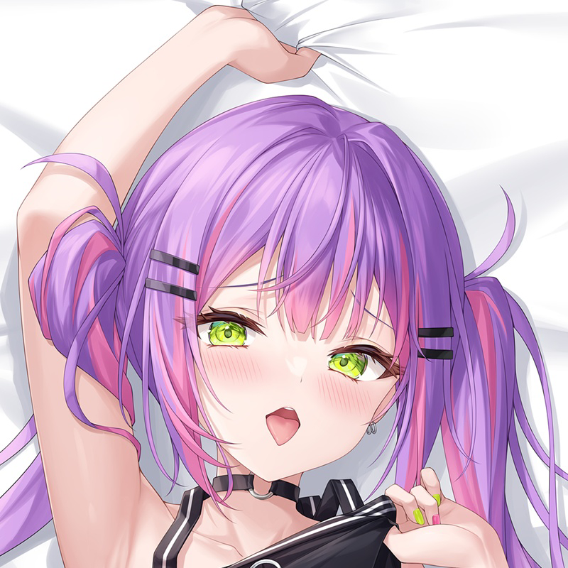 zi yue liuli, tokoyami towa, tokoyami towa (1st costume), hololive, chinese commentary, commentary request, mixed-language commentary, 1girl, dakimakura (medium), pillow, solo, virtual youtuber