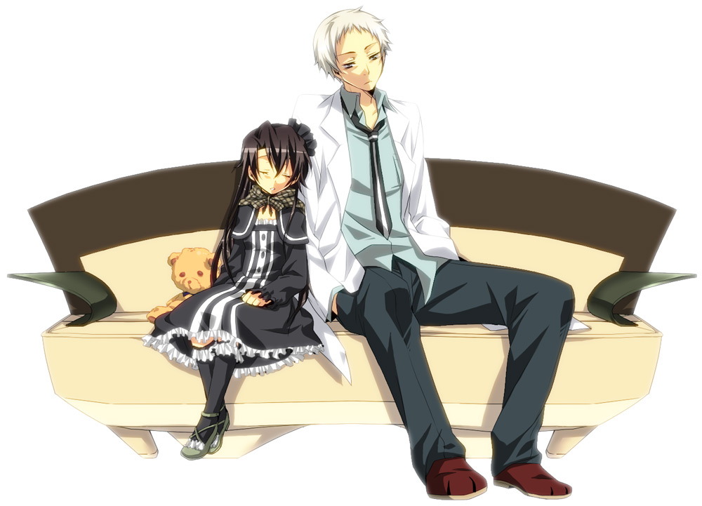 akiduki (edss), akizuki (edss), katou hisataka, kizaki emi, kurogane no linebarrel, 00s, 1boy, 1girl, black hair, blue eyes, brother and sister, couch, frills, goth fashion, gothic lolita, lab coat, lolita fashion, long hair, necktie, shirt, siblings, sleeping, stuffed animal, stuffed toy, teddy bear, white hair