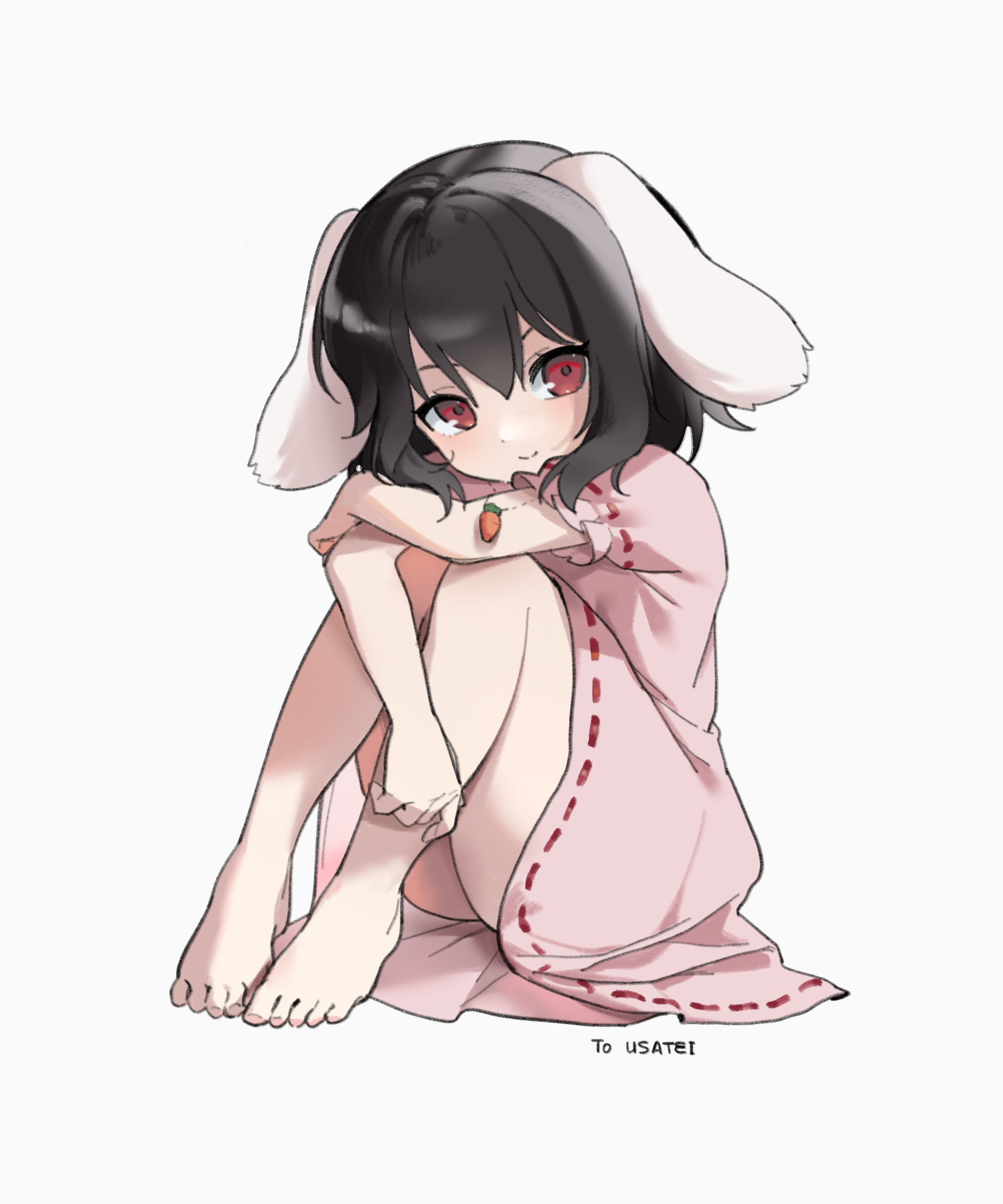 inaba tewi, touhou, absurdres, highres, 1girl, animal ears, black hair, carrot, carrot necklace, dress, floppy ears, jewelry, long hair, necklace, pink dress, rabbit ears, rabbit girl, rabbit tail, red eyes, ribbon-trimmed dress, ribbon trim, short hair, simple background, skirt, smile, solo, tail, ura giri, white background