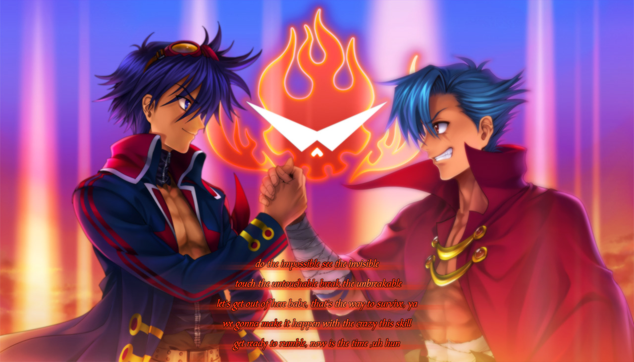 mutsuki (moonknives), kamina (ttgl), simon (ttgl), gainax, tengen toppa gurren lagann, bad id, bad pixiv id, 00s, 2boys, aged up, bandages, blue hair, bodypaint, cape, glowing, goggles, goggles on head, grin, male focus, multiple boys, smile