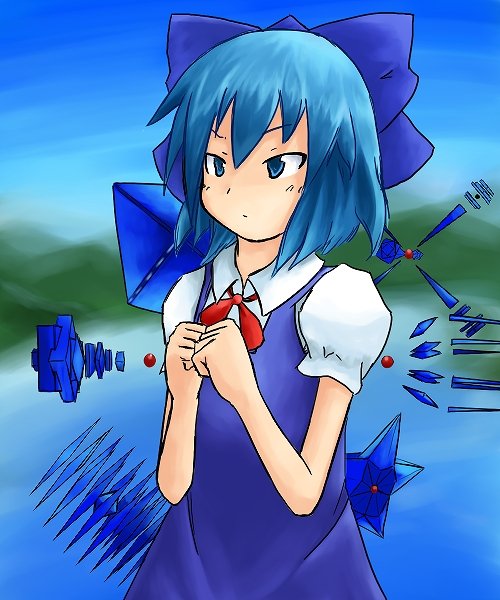 tetsuji, angel (evangelion), cirno, ramiel (evangelion), neon genesis evangelion, rebuild of evangelion, touhou, 1girl, blue eyes, blue hair, bow, dress, female focus, gradient background, hair bow, matching hair/eyes, nature, oekaki, outdoors, parody, plant, short hair, sky, solo, wings
