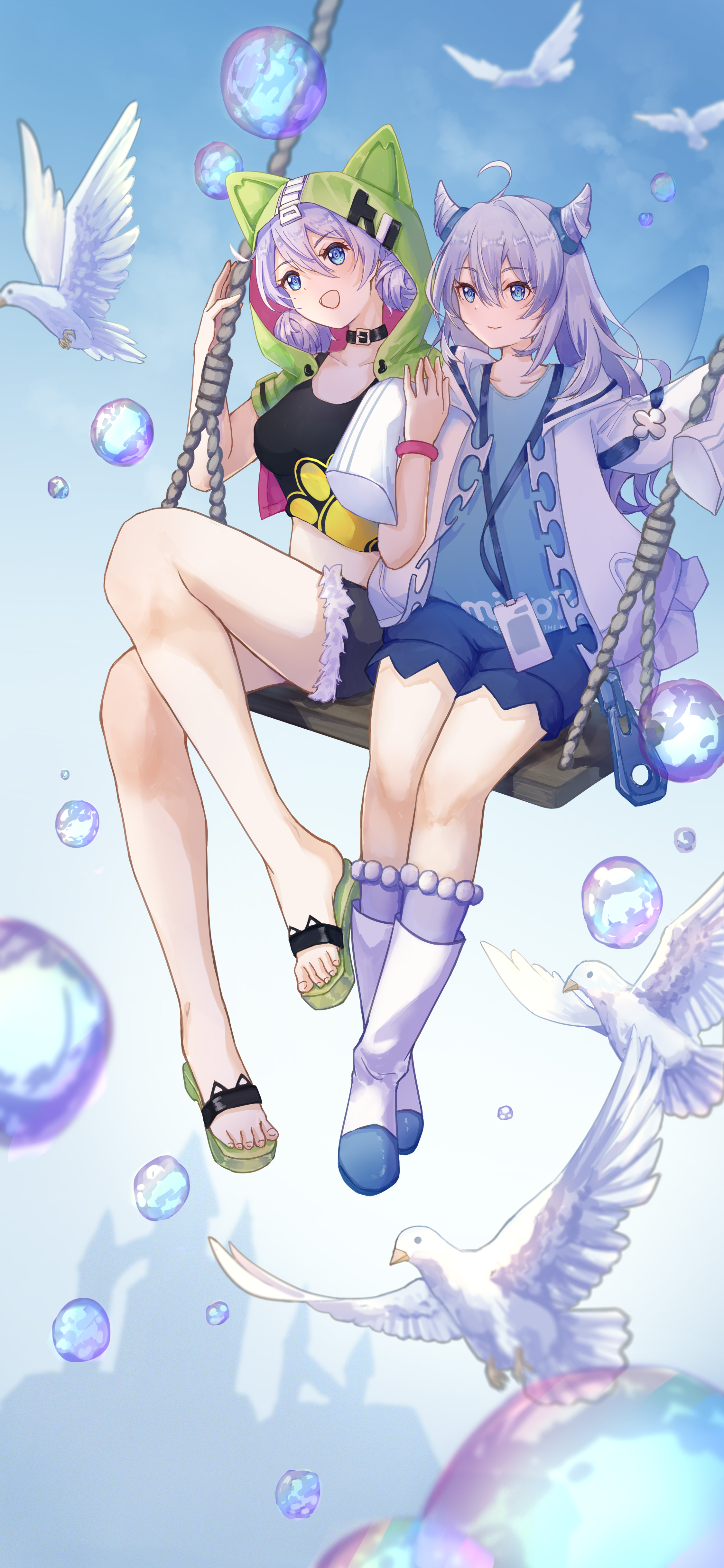 yichuanxue, kiana kaslana, kiana kaslana (knight moonbeam), kiana kaslana (lemon soda), miyouji, honkai (series), honkai impact 3rd, mihoyo, absurdres, highres, 2girls, :d, ahoge, bird, black shirt, blue eyes, blue shirt, blue shorts, blue sky, breasts, closed mouth, coat, denim, denim shorts, dove, full body, green jacket, hood, hood up, id card, jacket, lanyard, large breasts, multiple girls, on swing, open mouth, sandals, shirt, shorts, sky, smile, summer uniform, swing, toes, white coat, white hair, zipper pull tab