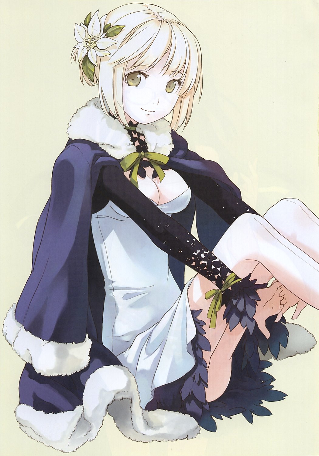 h2so4, highres, blonde hair, coat, flower, fur coat, ribbon, short hair, solo