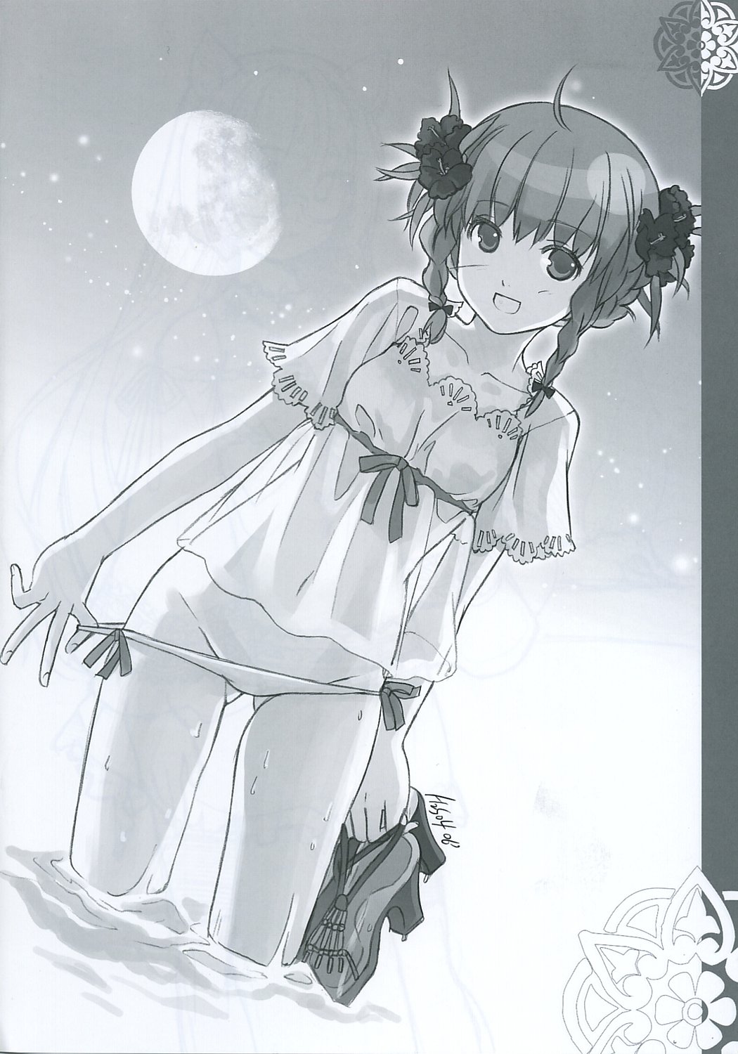 h2so4, original, highres, braid, greyscale, lowleg, monochrome, moon, panties, panty pull, ribbon, solo, underwear, water