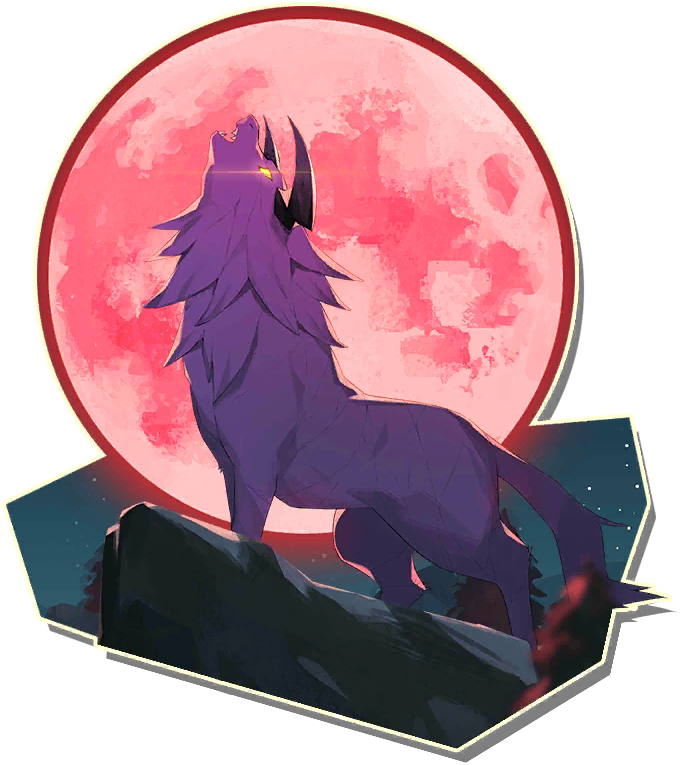 tiger (monster farm), monster farm, monster farm online, official art, cabalos (monster farm), horns, howling, moon, purple fur, red moon, wolf, yellow eyes