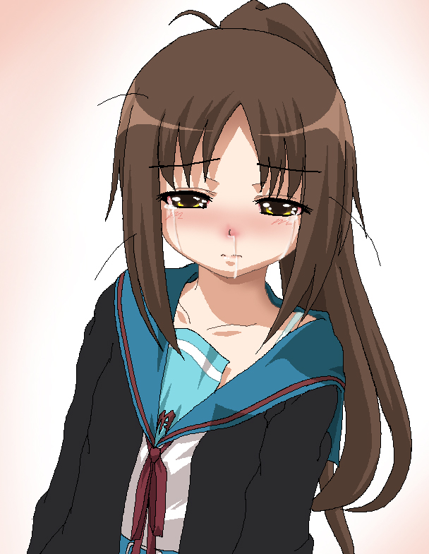 hayashiya zankurou, kyonko, suzumiya haruhi no yuuutsu, gender request, 00s, 1girl, bra, brown hair, cardigan, crying, crying with eyes open, female focus, genderswap, lingerie, long hair, messy hair, ponytail, school uniform, serafuku, sick, snot, solo, tears, underwear
