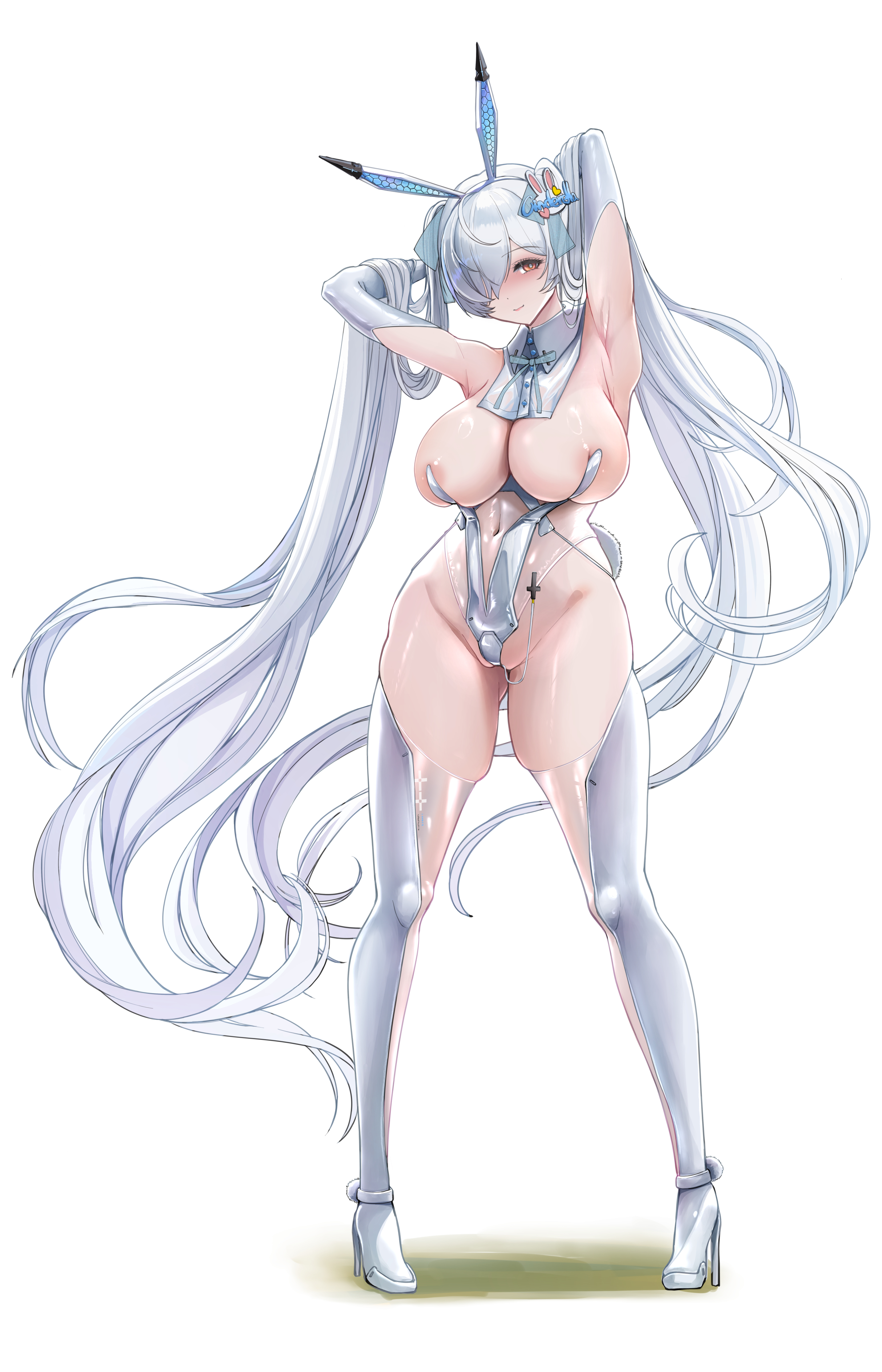 hyotenka ichido, cinderella (nikke), goddess of victory: nikke, absurdres, highres, 1girl, animal ears, areola slip, armpits, boots, breasts, fake animal ears, fake tail, huge breasts, leotard, long hair, navel, playboy bunny, rabbit ears, rabbit tail, red eyes, see-through clothes, see-through leotard, smile, solo, tail, twintails, very long hair, white boots, white hair, white leotard