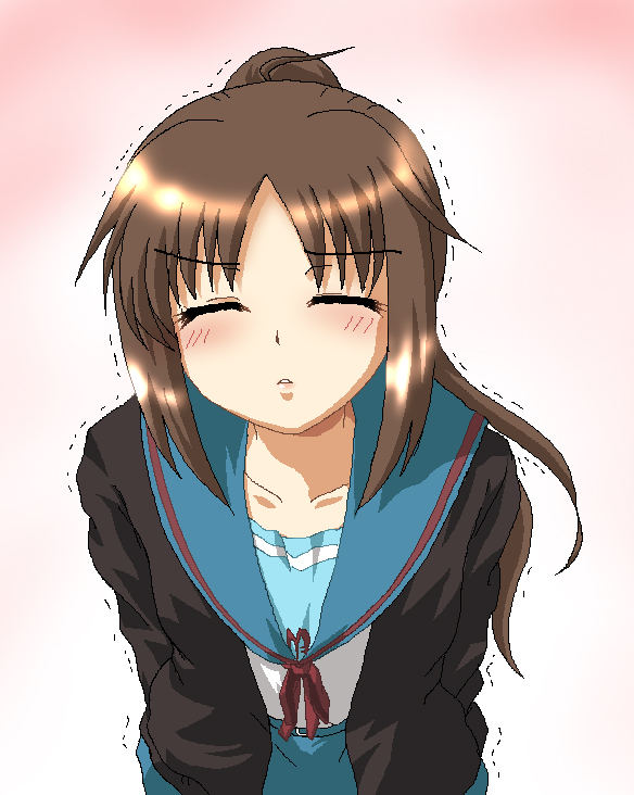 hayashiya zankurou, kyonko, suzumiya haruhi no yuuutsu, 00s, 1girl, bent over, blush, brown hair, cardigan, closed eyes, female focus, genderswap, genderswap (mtf), incoming kiss, leaning forward, long hair, ponytail, school uniform, serafuku, solo, trembling