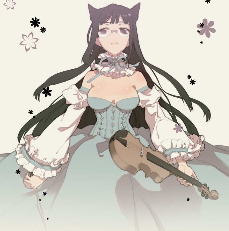 h2so4, original, 1girl, animal ears, blue theme, breasts, brown eyes, dress, female focus, frills, glasses, instrument, large breasts, long hair, ribbon, simple background, solo, violin