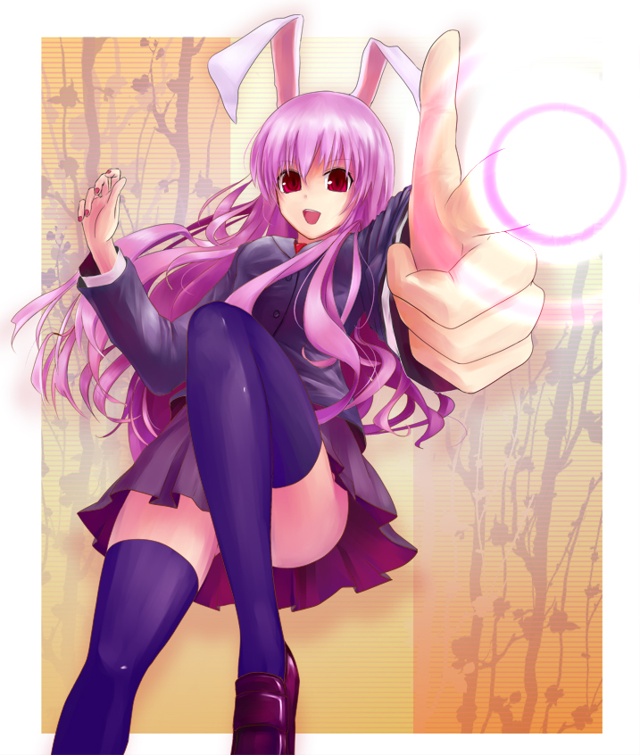 cala (artist), reisen udongein inaba, touhou, 1girl, animal ears, blazer, danmaku, female focus, finger gun, jacket, long hair, plant, pleated skirt, purple hair, rabbit ears, red eyes, skirt, solo, thighhighs, zettai ryouiki