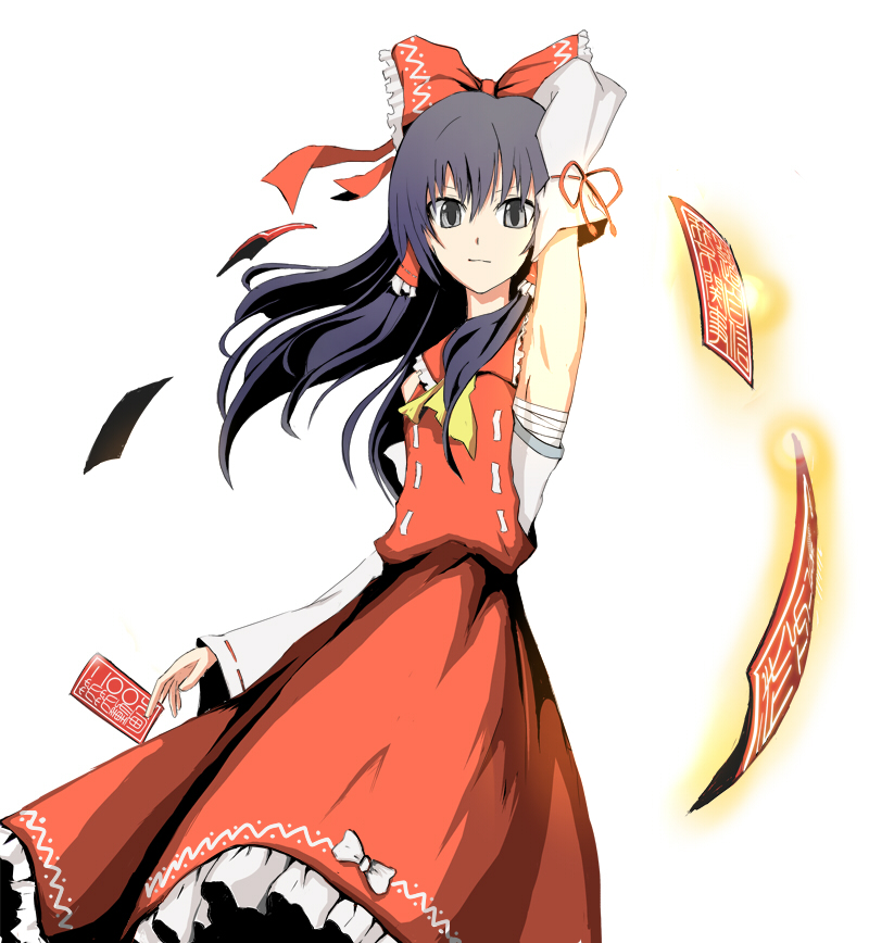 cala (artist), hakurei reimu, mountain of faith, touhou, 1girl, armpits, bow, detached sleeves, female focus, grey eyes, hair bow, japanese clothes, miko, ofuda, ribbon, sarashi, solo, white background