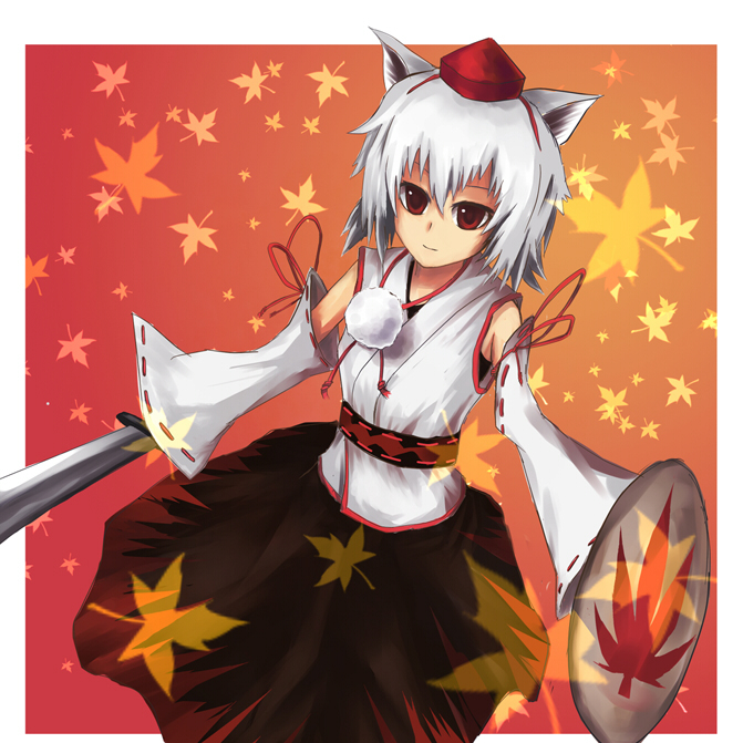 cala (artist), inubashiri momiji, touhou, silver hair, 1girl, animal ears, detached sleeves, female focus, gradient background, hat, leaf, plant, shield, solo, standing, sword, tokin hat, weapon, wolf ears