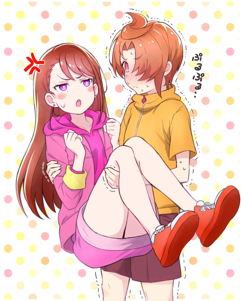 kyoutsuugengo, hijiri ageha, yuunagi tsubasa, hirogaru sky! precure, precure, commentary, highres, translated, 1boy, 1girl, @ @, anger vein, asymmetrical bangs, black shorts, carrying, closed mouth, earrings, frown, glaring, hair over one eye, half-closed eyes, hetero, hood, hood down, hoodie, jacket, jewelry, long hair, long hoodie, long sleeves, looking at another, no socks, open clothes, open jacket, open mouth, orange hair, pink hoodie, pink jacket, polka dot, polka dot background, princess carry, purple eyes, red eyes, red shoes, shirt, shoes, short hair, short sleeves, shorts, sneakers, stud earrings, sweat, sweatdrop, trembling, yellow shirt