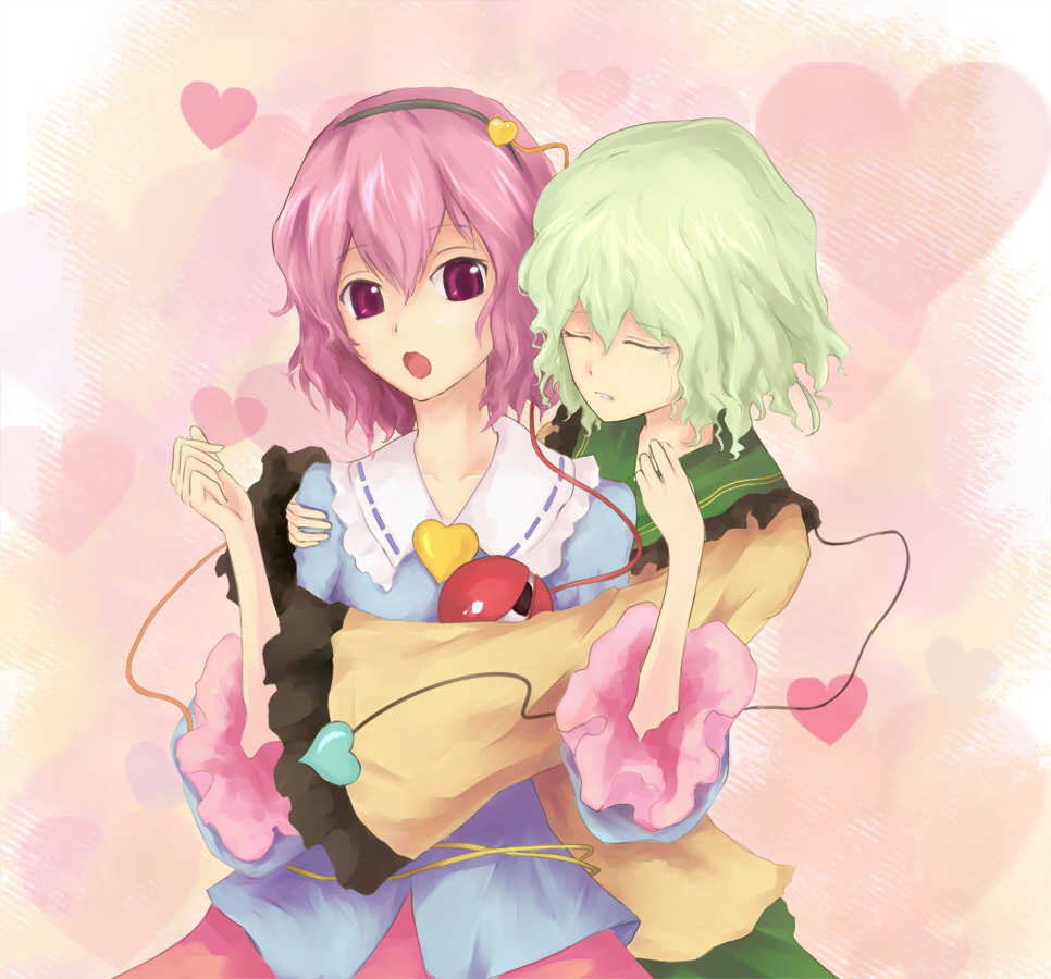 cala (artist), komeiji koishi, komeiji satori, touhou, 2girls, closed eyes, female focus, green hair, heart, hug, multiple girls, pink eyes, pink hair, siblings, sisters, tears
